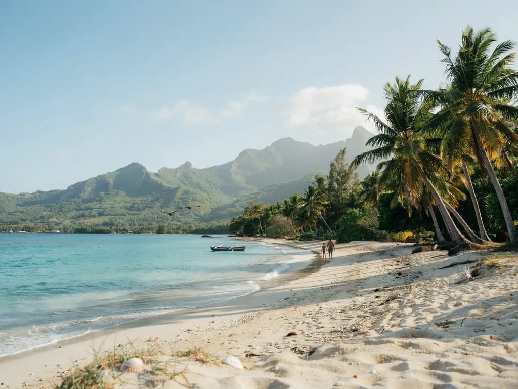 Mauritius - plaża i palmy z górami w tle