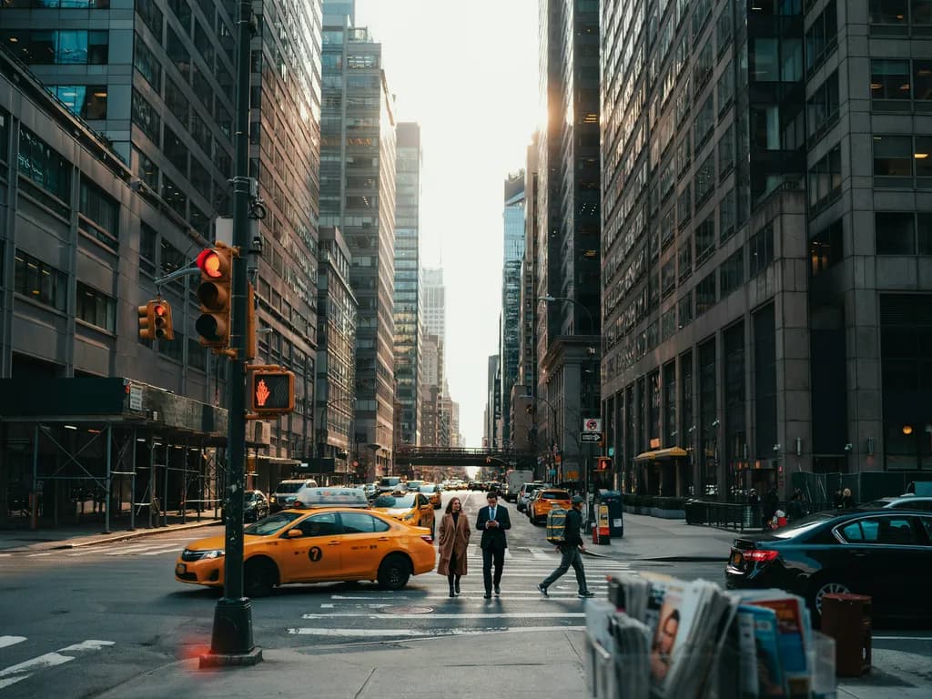 Nowy Jork - Manhattan i żółte taksówki o zachodzie słońca